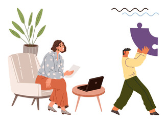 Woman seated with a laptop and documents, while a man carries a puzzle piece. Ideal for teamwork, problem-solving, collaboration, creative thinking, organization, project management, simple flat