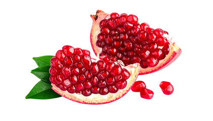 0 - Pair of fresh pomegranate slices with decorative leaves isolated on transparent background