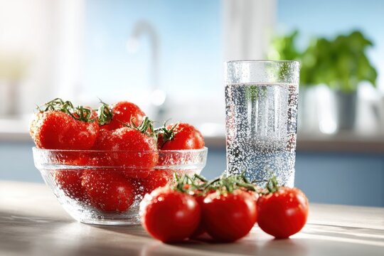 Fresh tomatoes and a glass of water in bright light