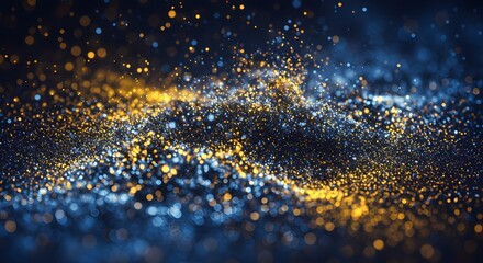 Abstract digital art showing golden and blue particles flowing in a dark space, with depth of field
