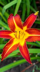 Close-up shot of a vibrant orange and yellow daylily bloom