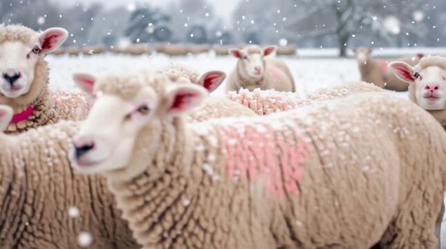 Sheep in a snowy winter field with falling snow. Farm animals with thick wool coats enduring cold weather conditions.