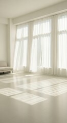 Bright, sunlit room with white curtains covering large windows, casting shadows across the shiny floor.