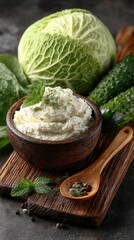 Realistic macro photo of probiotic rich foods like yogurt kefir and vegetables arranged neatly on a bright kitchen table in natural light.