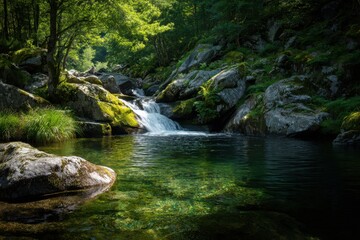 Waterfall flowing into clear river in a lush green forest