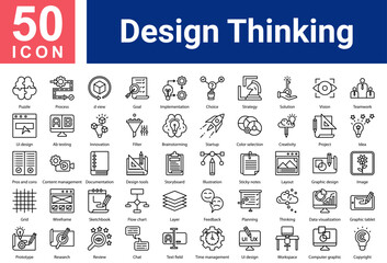 Minimalist Design Thinking line icons set with editable stroke, featuring:  Puzzle,Process,d view,Goal,Implementation,Choice,Strategy,Solution,Vision,Teamwork,Ui design,Ab testing,Innovation,Filter