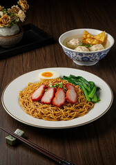 Dry wonton mee or wonton noodle, a popular Cantonese-origin noodle dish usually served with dumplings (wontons), sliced BBQ pork (char siu), and choy sum.