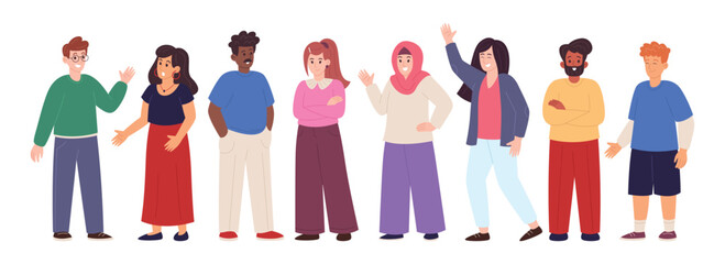 Diverse group of multicultural people standing together, smiling and greeting each other in a flat vector illustration