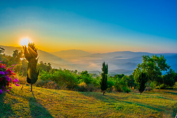 Sunrise at Mae Chaem Forest Park, Chiang Mai province, Thailand.