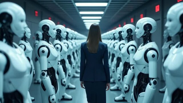 Businesswoman and Robots. Human Leadership in AI Future. Perfect for AI-driven business solutions, leadership in the age of automation
