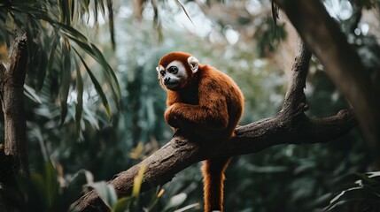 Obraz premium A red-haired monkey sits on a tree branch in a lush green jungle.