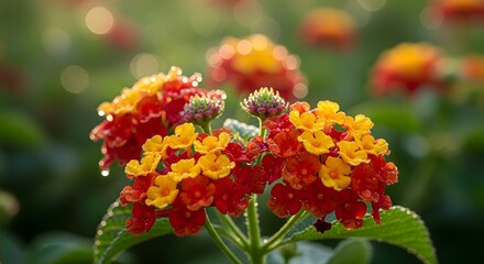 Vibrant lantana flowers in bloom with water droplets