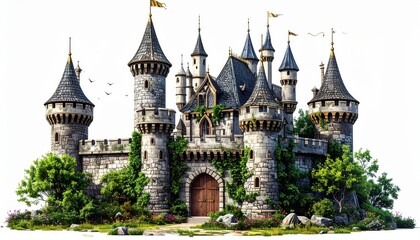 Obraz premium An ancient medieval fortress with towers perched on a hill against the sky.