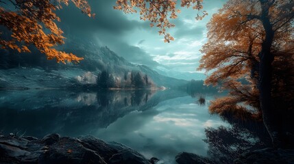 A serene lake nestled amidst mountains, its surface reflecting the cloudy sky and autumn foliage.
