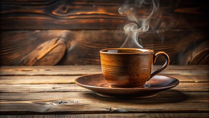 Hot dark coffee mug on a wood table for a morning breakfast drink