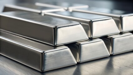 Stacked silver bars on a reflective surface, showcasing a polished and luxurious appearance.