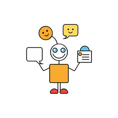 Cartoon figure with bubbles and documents on transparent background