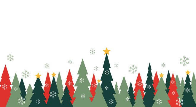 Eine Reihe von bunten Weihnachtsb&auml;umen mit Sternen und Schneeflocken auf wei&szlig;em Hintergrund.