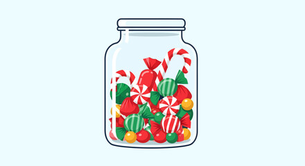 Un frasco de vidrio transparente lleno de caramelos y dulces navide&ntilde;os de colores surtidos.