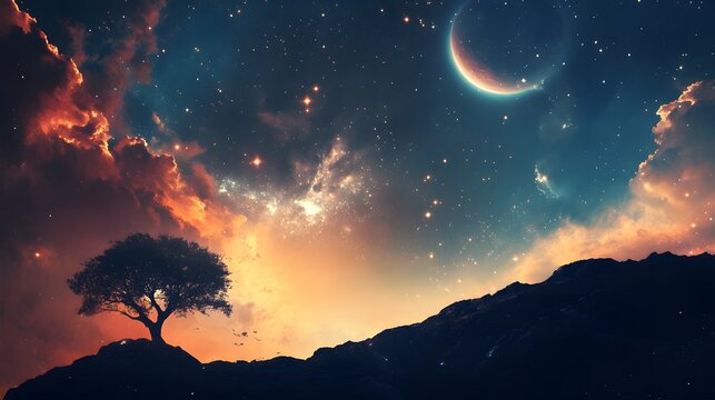 A single tree stands on a hilltop against a backdrop of a stunning night sky with a crescent moon and a myriad of stars. - Powered by Adobe