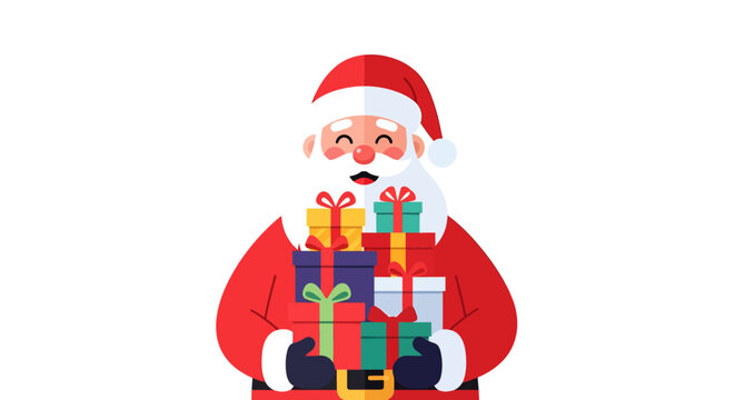 Fr&ouml;hlicher Weihnachtsmann mit vielen bunten Geschenken in den Armen, bereit f&uuml;r Weihnachten.