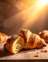 Close-up view of flaky pastries on a wooden surface, sunlit