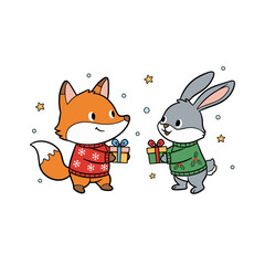 Fox and rabbit wearing festive sweaters and exchanging gifts  