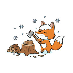 Happy fox chopping wood in winter with snowflakes falling  