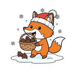 Cute fox collecting pinecones while wearing a winter hat and scarf  