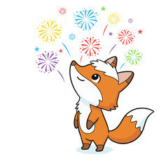 Cute fox admiring fireworks in colorful display  