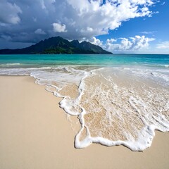 A tropical beach scene with crystal clear water, white sand, dark clouds, and mountain backdrop