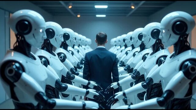 Businessman and Robots. Human Leadership in AI Future. Perfect for AI-driven business solutions, leadership in the age of automation