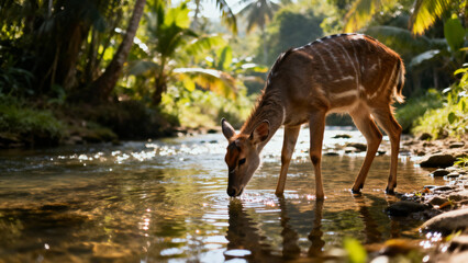 Antelope drinking from stream in forest