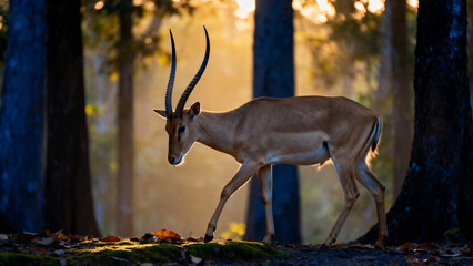 Antelope in forest at sunrise