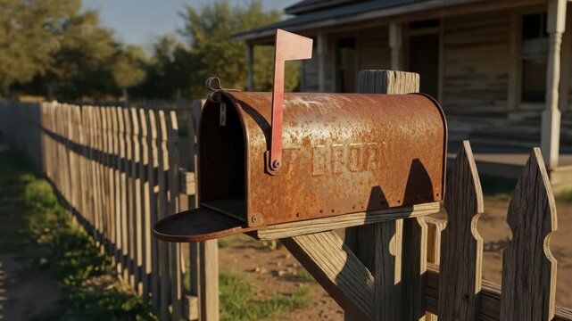 A weathered, rustic mailbox with a raised red flag sits on a wooden post by a picket fence. A house is in the background
