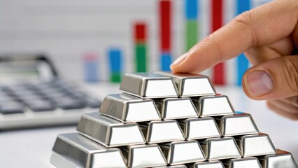 A hand positions a silver bar atop a pyramid of silver bars, with a calculator and colorful bar graphs in the background, symbolizing finance and investment.