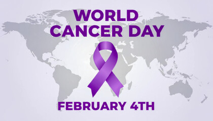 World Cancer Day: Awareness ribbon and global map on a purple background