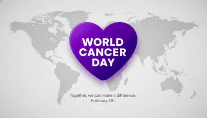 World Cancer Day: Purple heart graphic on a world map background for February 4th