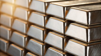 Stacks of shiny silver bullion bars arranged closely together, reflecting light, showcasing their smooth surfaces and sharp edges.