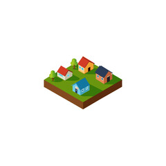 Isometric view of four houses on green land on transparent background