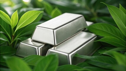 Silver bars nestled among vibrant green leaves, symbolizing the contrast between wealth and nature's beauty.
