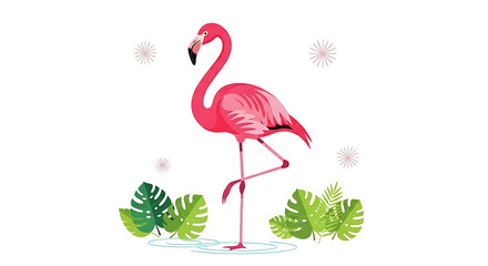Obraz premium Elegant Pink Flamingo Illustration with Tropical Leaves, Perfect for Summer Designs and Projects