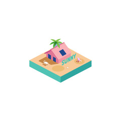 Isometric beach scene with pink house sunny on transparent background