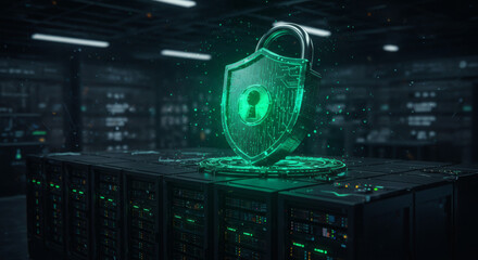 Cybersecurity concept digital padlock icon over server racks, safeguarding sensitive data in secure data center