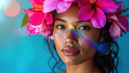 Fictional adult with peony and anthurium flower crown under cyan key and magenta rim subtle prism flare on cheekbone graphite backdrop modern editorial mood