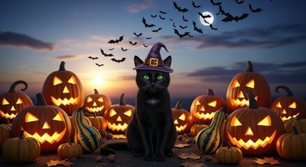 Halloween Witch Cat with Pumpkins and Bats