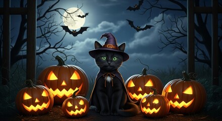 Halloween Witch Cat with Pumpkins and Bats