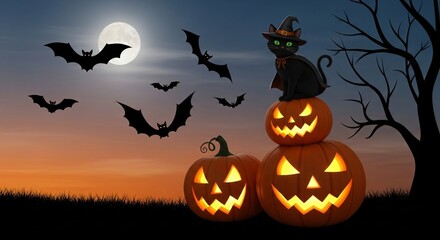 Halloween Witch Cat with Pumpkins and Bats