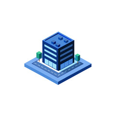 Isometric view of a stylized blue building on transparent background
