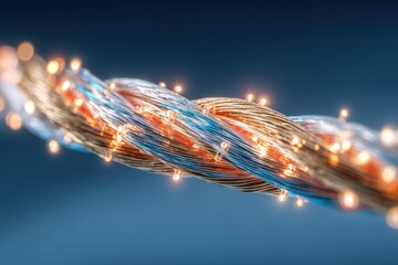 Close up of intricately woven fiber optic cable bundle glowing